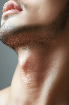 Close-up of male neck with beard and hair follicles photo