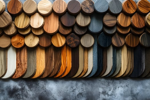 Diverse Wood Textures Palette Displayed on Rustic Concrete Wall for Interior Design Inspiration photo
