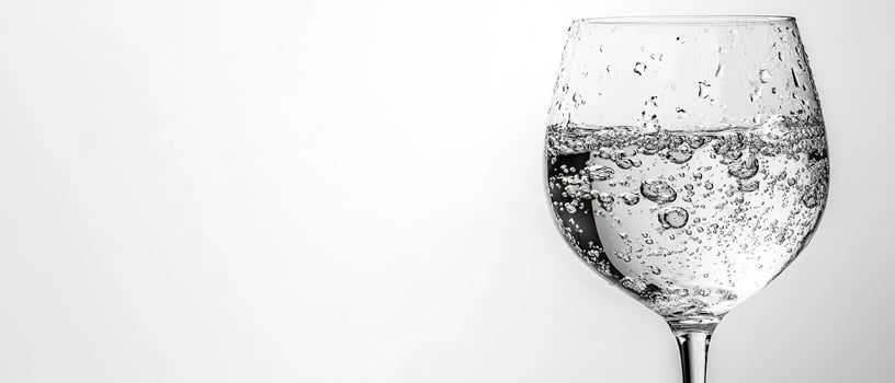 Close up of a wine glass filled with sparkling water and bubbles on a clean white background photo