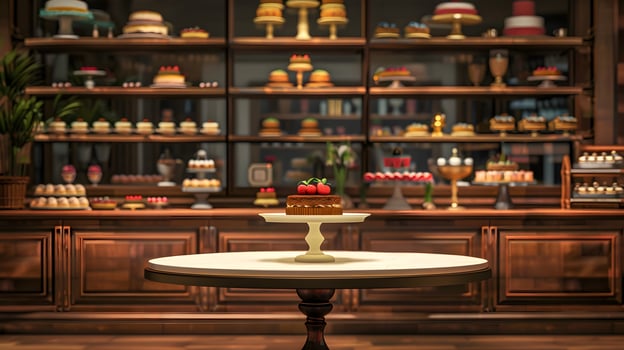 Chocolate Cake on Table in Pastry Display Case photo