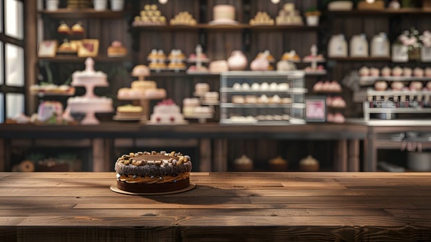 Chocolate Cake on Wooden Table with Blurred Bakery Background photo