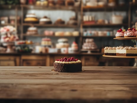 Chocolate Raspberry Cake on Wooden Table with Bakery Background photo