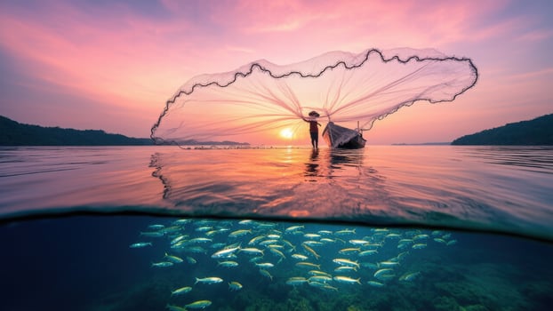 A fisherman casts his net into the calm waters of the gulf as the sun rises behind him, painting the sky in shades of pink and orange. photo