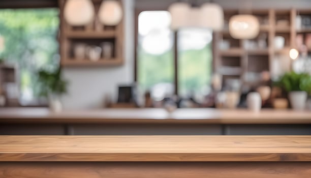 Wood tabletop or counter with display product. Blur image of living room, blur interior background concept for use. photo