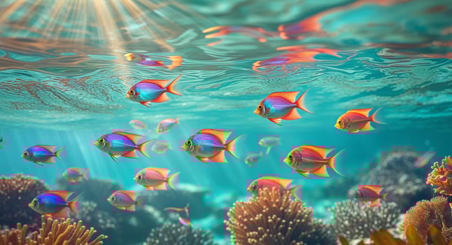 Colorful Tropical Fish Swimming Among Coral Reefs in Ocean Waters photo