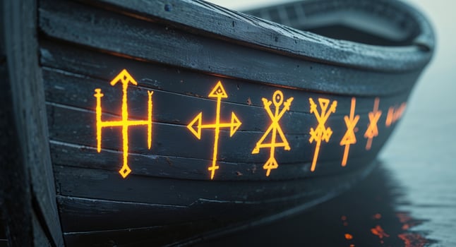 A boat with yellow arrows painted on it photo