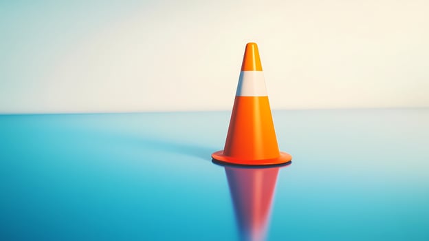 Orange traffic cone standing on reflective blue surface photo