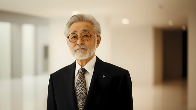 Senior businessman posing in modern office corridor photo