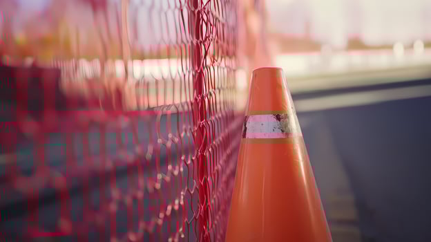 Orange traffic cone behind red plastic safety netting during road construction photo