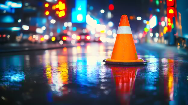 Traffic cone standing on wet asphalt at night reflecting city lights photo
