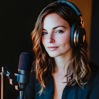 Podcast recording concept. A young woman looking at the camera recording a podcast into a microphone and wearing a headset. photo