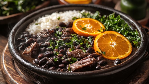 Classic Brazilian Feijoada in a Steaming Bowl Garnished with Fresh Herbs and Orange Slices, Perfectly Served with White Rice photo