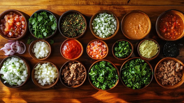 Colorful Array of Fresh Taco Ingredients Spread Across a Wooden Board, Showcasing Vibrant Toppings for Delicious Culinary Creations photo