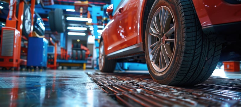 Professional Auto Repair Shop. Detailed Tire Inspection Process for Vehicle Maintenance photo