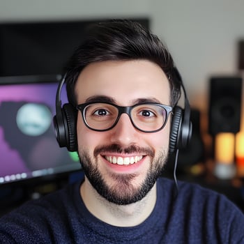 portrait of a young smiling man wearing glasses with headphones. Young man listening to music. photo