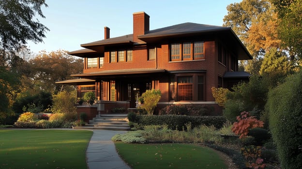 A large house with a brick exterior and a large porch. The house is surrounded by a lush green lawn and a garden. The house has a lot of windows. The house looks very inviting photo