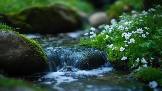 A stream with white flowers and green moss. The water is clear and the flowers are blooming photo