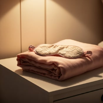 Soft pink sleep mask resting on folded blanket on bedside table warm bedroom lighting cozy sleep relaxation concept photo
