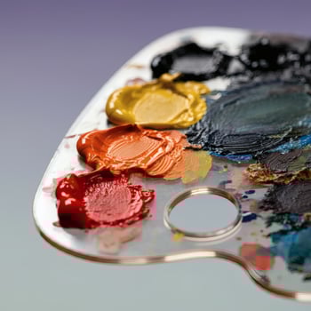 close up of oil paint palette featuring vibrant, textured strokes of various colors, highlighting the creativity of an artist photo