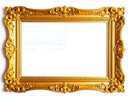 Golden frame for paintings, mirrors or photo isolated on white background.