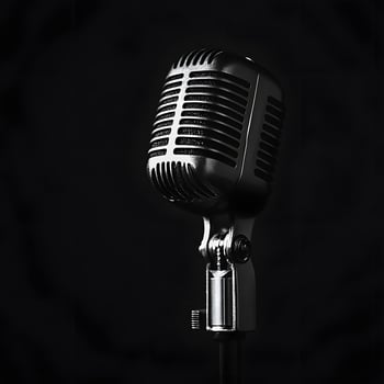 Retro black microphone on a dark background. The concept of singing. Retro microphone on a stand in a recording studio, close-up. photo