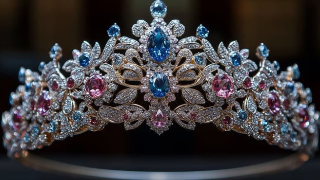 The tiara is made of pink, blue and white stones photo