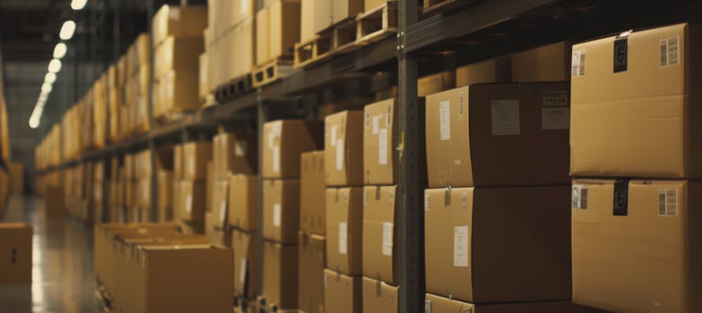 Branded Delivery Boxes Stacked on Pallets in Modern Warehouse - Ready for Shipping photo