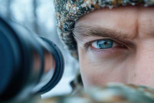 Close up portrait of a man with a sniper riffle in the winter forest photo