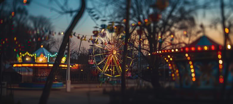 Nostalgic Twilight at a Deserted Amusement Park with Dim Ferris Wheel Lights photo