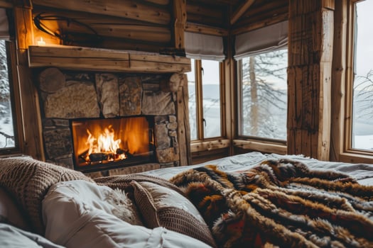 Cozy Fireplace Ambiance in Wooden Ski Lodge with Snowy Views for Winter Retreat Decor photo