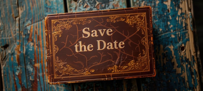 Vintage Book Style Save the Date Card with Intricate Leather Design for Weddings photo