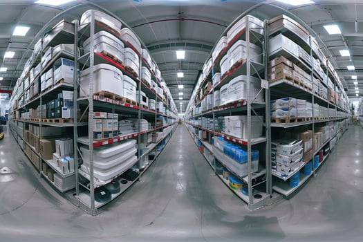 Symmetrical Warehouse Aisle with Stocked Shelves Under Industrial Lighting for Inventory Management photo