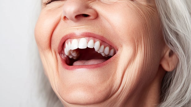 An older woman laughs heartily, showcasing her white teeth and facial wrinkles that are visible as she smiles, showing pure joy. photo