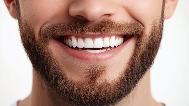 Close-up of a person smiling, showcasing bright white teeth and a well-groomed beard against a plain background for a clean and modern aesthetic. photo