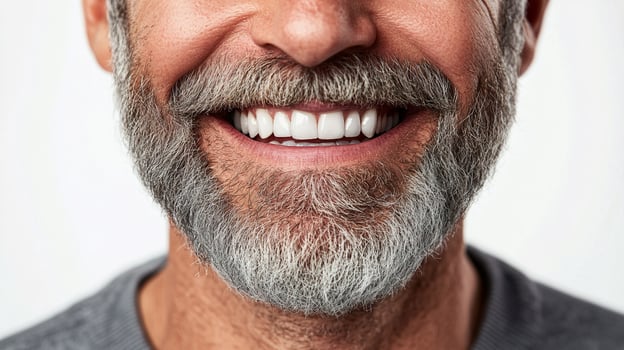 Close-up of a mature man smiling, showcasing well-maintained teeth and a neatly trimmed grey beard against a simple light background. photo