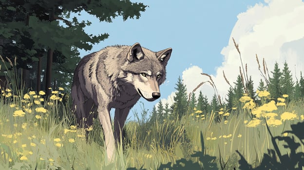 Wolf strides through a flower-filled meadow, bordered by a forest under a bright, cloudy sky. Illustration style. photo