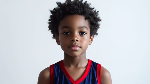 Youthful portrait of a young boy with a serious expression, against a plain background. Wearing a blue and red sports top. photo