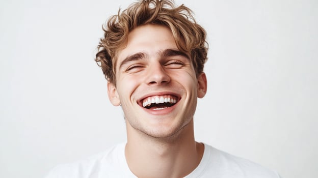 Cheerful young man with golden hair laughs wholeheartedly against a plain white backdrop, radiating joy and light. His happiness is contagious. photo