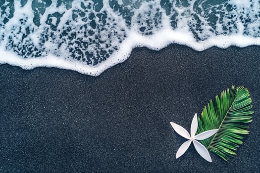 Black Sand Beach with Wave, Palm Frond, and Flower photo
