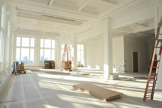 Construction workers renovating empty room with ornate ceiling photo