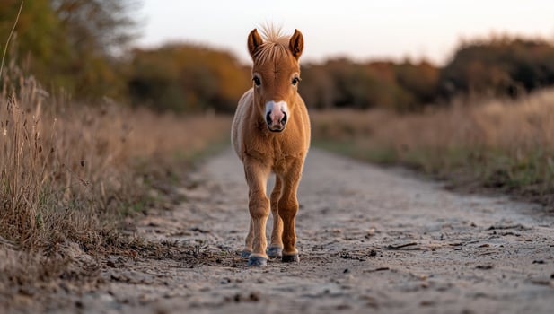 A cute miniature horse foal walks down a dirt path photo