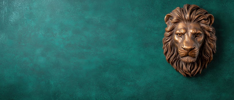 Bronze lion head sculpture on a textured green background photo