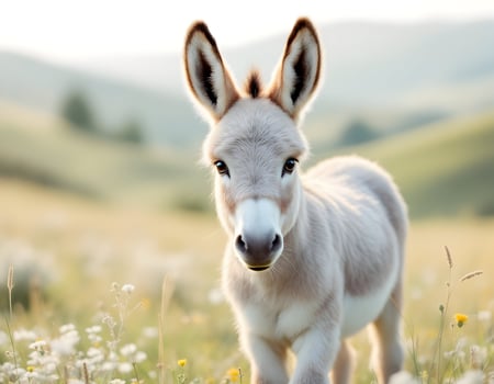 Adorable Donkey Foal Standing in Meadow with Wildflowers at Dawn photo