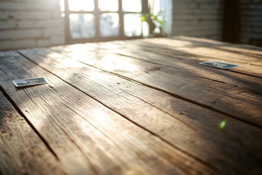 Sunlit rustic wooden table with cards. photo