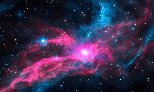 Cosmic Nebula Vibrant pink and blue gas clouds swirl around a bright star in a dark space filled with countless stars. photo