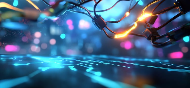 Futuristic digital network glowing with vibrant neon lights. photo