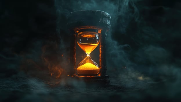 A glowing hourglass surrounded by mist, symbolizing the passage of time. photo