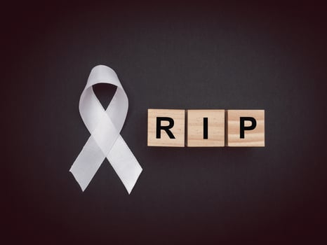 Top view of a white ribbon and wooden cubes with the letters RIP on a black background photo