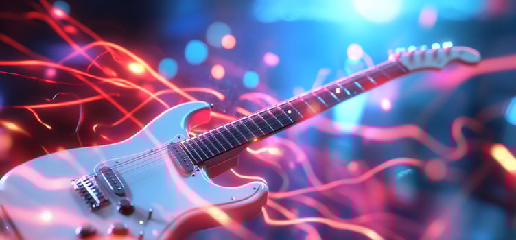 A white electric guitar is in front of a bright light photo