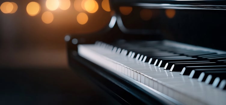 Close-up of grand piano keys with bokeh lights. photo